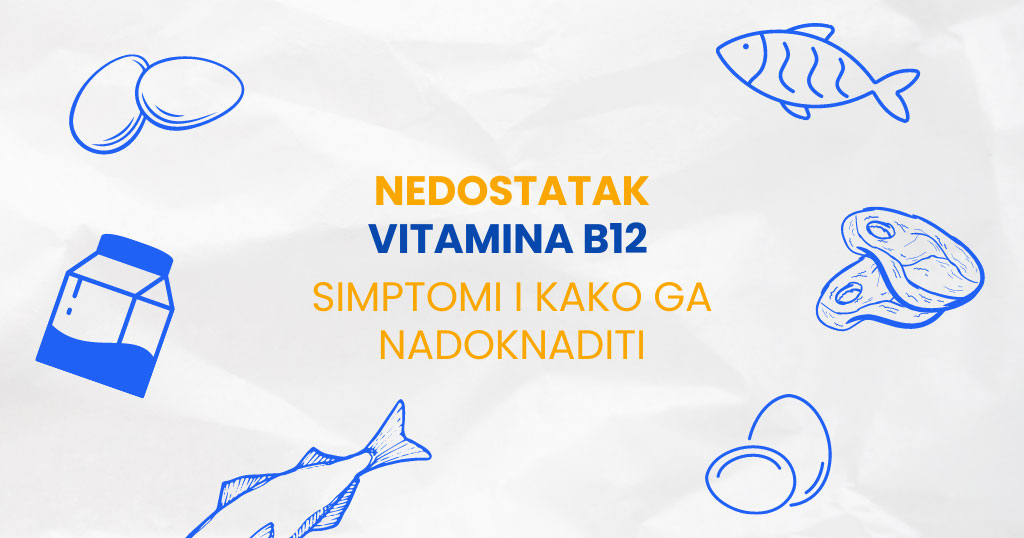 naslov bloga "Nedostatak vitamina B12 - simptomi i kako ga nadoknaditi" napisan je na belom papiru i okružen je plavim ikonicama ribe, mesa, jaja i mlečnih proizvoda